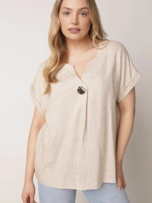 Beżowa Nietoperzowa Bluzka z Krótkim Rękawem z Lnem i Wiskozą Isirtila rosita