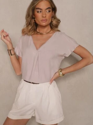 Beżowa Nietoperzowa Bluzka z Wiskozy Zdobiona Zakładką Paslitia sublevel