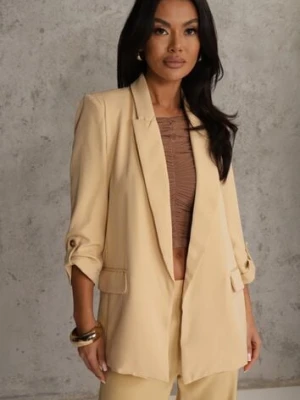 Beżowa Niezapinana Marynarka z Rękawami 3/4 i Kieszeniami na Klapy Farsana melya by melody