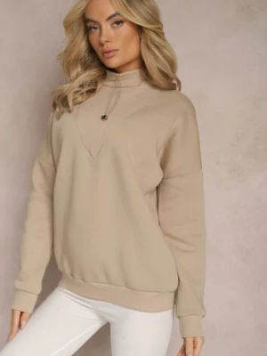 Beżowa Ocieplana Bluza Bawełniana z Półgolfem Heraia las garras