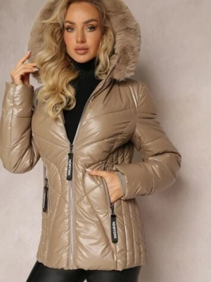 Beżowa Ocieplona Kurtka z Kapturem i Futrzanym Kołnierzem Elzira swest
