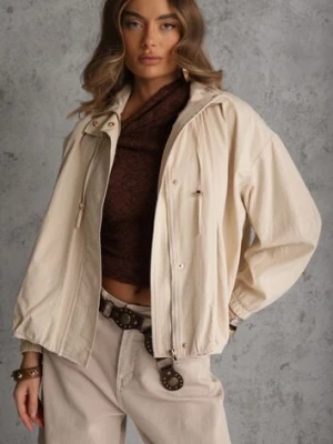 Beżowa Oversizowa Kurtka Przejściowa o Kroju Bombki z Bawełny i Wiskozy Birana