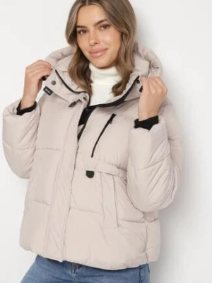 Beżowa Oversizowa Kurtka z Pikowanymi Przeszyciami i Kapturem Galimea swest