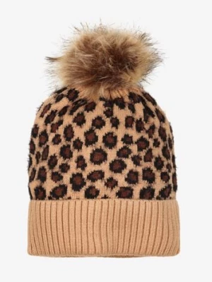 Beżowa Panterkowa Czapka Ozdobiona Wywinięciem i Pomponem Tamiela
