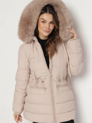 Beżowa Pikowana Długa Kurtka z Kapturem Futerkiem i Ściągaczem w Talii Zaisha emt