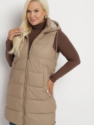 Beżowa Pikowana Kamizelka z Kapturem na Suwak i Napy Timella swest