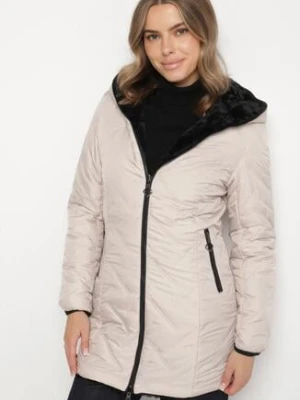 Beżowa Pikowana Kurtka Dwustronna z Kapturem i Futerkiem Rinaresa swest