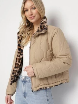 Beżowa Pikowana Kurtka Dwustronna ze Stójką i Ściągaczem z Futerkiem w Panterkę Cesila
