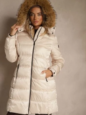 Beżowa Pikowana Kurtka o Długim Fasonie z Odpinanym Kapturem z Futerkiem Fenalda papillon d'or