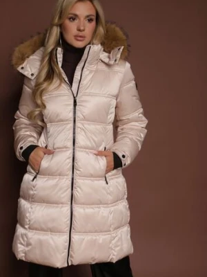 Beżowa Pikowana Kurtka o Długim Fasonie z Odpinanym Kapturem z Futerkiem Fenalda papillon d'or