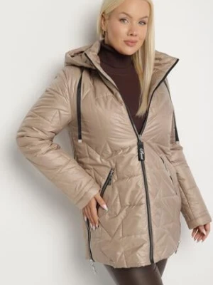 Beżowa Pikowana Kurtka Ozdobiona Pikowaniem z Odpinanym Kapturem Falerosa swest