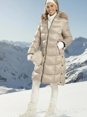 Beżowa Pikowana Kurtka Płaszcz za Kolano z Kapturem i Futerkiem Naelora j.style