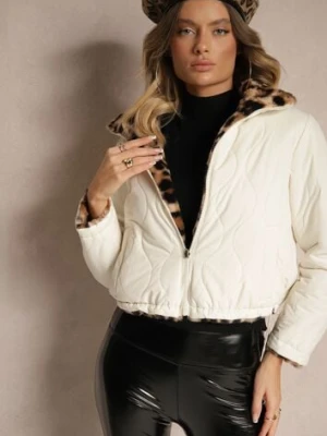 Beżowa Pikowana Kurtka Puffer Dwustronna z Futerkiem w Panterkowy Wzór Tinnathra lovery