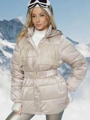 Beżowa Pikowana Kurtka z Kapturem i Paskiem z Marszczeniem Zdobiona Frędzlami Sanoria lovery