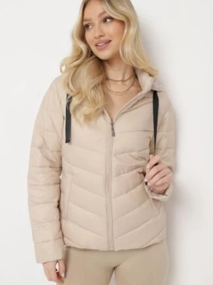 Beżowa Pikowana Kurtka Zapinana na Suwak z Kapturem i Kieszeniami Soniss alnwick
