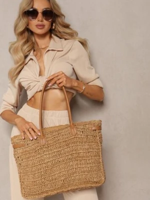 Beżowa Pleciona Torebka o Dużym Fasonie Tote w Stylu Boho Emerria
