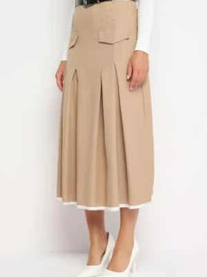 Beżowa Plisowana Rozkloszowana Spódnica z Imitacją Kieszeni Paskiem i Gumką w Talii Evisthai elsa.m by may