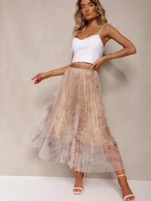 Beżowa Plisowana Spódnica Midi Ozdobiona Abstrakcyjnym Wzorem na Siateczce Estabia rosa
