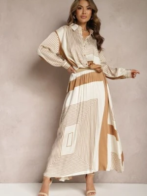 Beżowa Plisowana Spódnica z Gumką w Pasie Ozdobiona Geometrycznym Wzorem Jenessia bisou's project