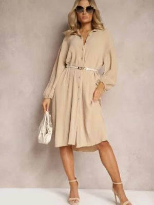 Beżowa Plisowana Sukienka Midi z Kołnierzem i Guzikami Danitza lily rose
