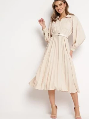 Beżowa Plisowana Sukienka Midi z Paskiem z Kołnierzykiem i Kieszeniami Themirlla unigirl