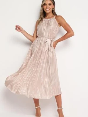 Beżowa Plisowana Sukienka na Cienkich Ramiączkach Wiązana w Talii Virsea cflo