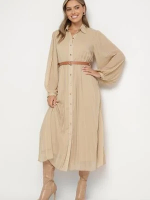 Beżowa Plisowana Sukienka o Koszulowym Kroju z Dodatkowym Paskiem Mialessa unigirl