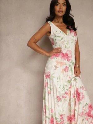 Beżowa Plisowana Sukienka o Rozkloszowanym Fasonie na Szerokich Ramiączkach Nitanela lovery