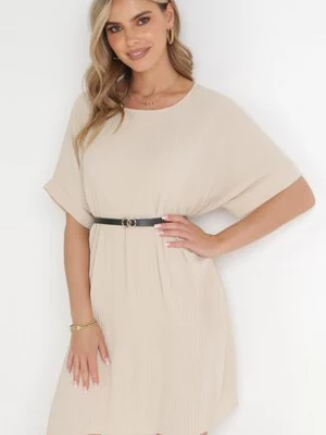 Beżowa Plisowana Sukienka Pudełkowa z Paskiem Savima lily rose