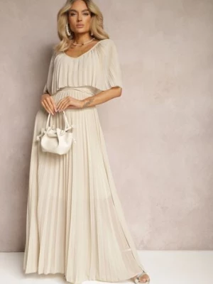 Beżowa Plisowana Sukienka z Gumką w Pasie z Falbaną Przy Dekolcie Drenia lily rose