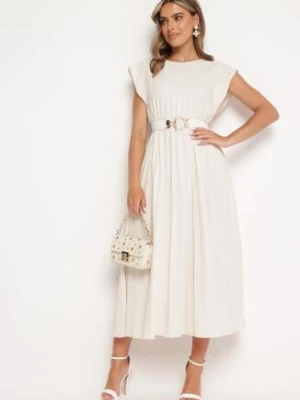 Beżowa Plisowana Sukienka z Krótkim Rękawem Nlea unigirl