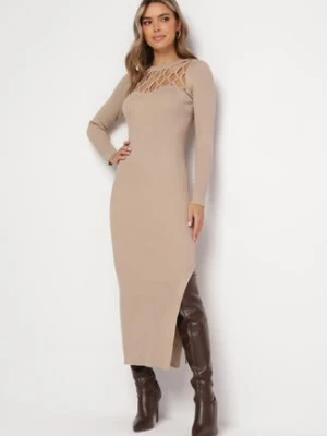 Beżowa Prążkowana Sukienka Maxi z Ażurowym Wzorem i Wycięciem Zanelia elsa.m by may