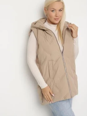 Beżowa Przejściowa Kamizelka z Pikowanymi Przeszyciami i Kapturem Fesolira swest