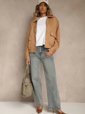 Beżowa Przejściowa Kurtka Bomberka o Koszulowym Kroju z Imitacji Zamszu Irvila elsa.m by may