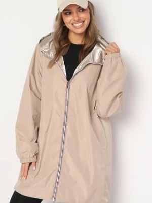 Beżowa Przejściowa Kurtka Dwustronna z Kapturem i Metalicznym Połyskiem Tashta melya by melody