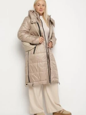 Beżowa Przejściowa Kurtka Pikowana z Kapturem i Suwakami po Bokach Fesunela swest