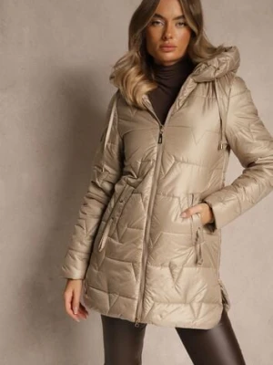 Beżowa Przejściowa Kurtka z Pikowanymi Przeszyciami Kapturem i Suwakami Taranessa swest