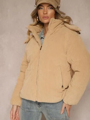 Beżowa Puchowa Kurtka Sztruksowa z Kapturem z Możliwością Odpięcia Sinrielle h&s