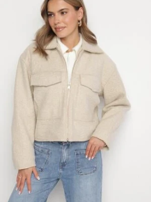 Beżowa Pudełkowa Kurtka z Kołnierzykiem i Kieszeniami o Krótkim Fasonie Neliella unigirl