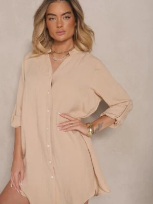 Beżowa Pudełkowa Sukienka Bawełniana Oversize z Dekoltem w Serek Elavellis m&d fashion