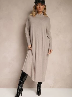Beżowa Pudełkowa Sukienka Sweterkowa z Wiskozą i Golfem Rinnine m&d fashion