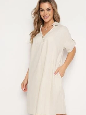 Beżowa Pudełkowa Sukienka z Bawełny z Podwijanymi Rękawami Carinea rosa