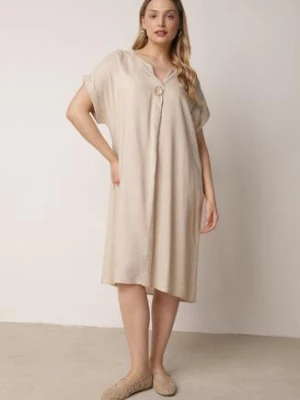 Beżowa Pudełkowa Sukienka z Lnem i Wiskozą Zdobiona Metalicznym Guzikiem Phisoth rosita