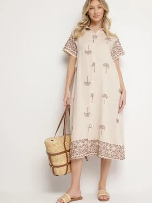 Beżowa Pudełkowa Sukienka z Wiskozą o Koszulowym Kroju Zdobiona Haftem Sanori rosa