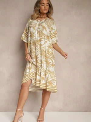 Beżowa Pudełkowa Sukienka Zdobiona Roślinnym Printem i Wiązaniem przy Dekolcie Miranissa j&x