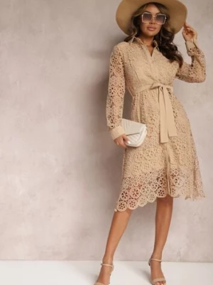 Beżowa Rozkloszowana Midi Sukienka Ozdobiona Koronką z Paskiem w Talii Sailla elsa.m by may