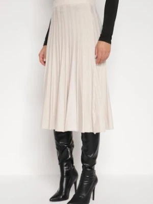 Beżowa Rozkloszowana Plisowana Spódnica Dzianinowa Tussana
