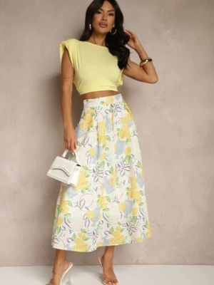 Beżowa Rozkloszowana Spódnica Bawełniana Ozdobiona Printem w Cytrynki Ralzema retro & icone