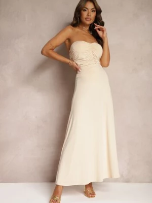 Beżowa Rozkloszowana Spódnica High Waist z Marszczeniem w Pasie Nolisea by swan