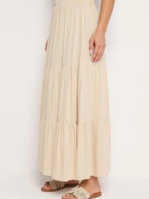 Zdjęcie produktu Beżowa Rozkloszowana Spódnica Maxi z Gumką w Pasie i Falbanami z Wiskozy Ramsa